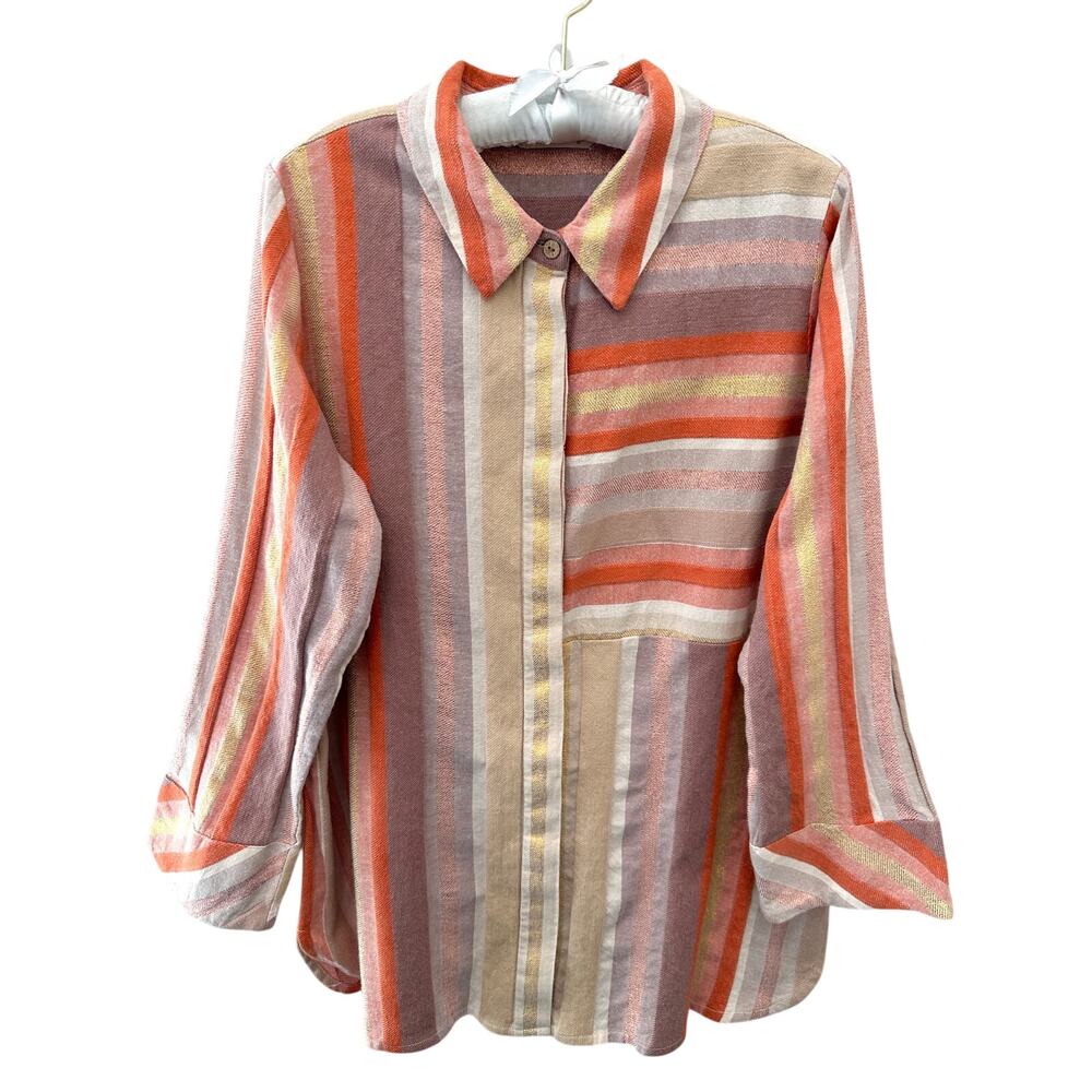 SOFT SURROUNDINGS Petite Orange Striped Button Down Cotton Shirt Resort Large